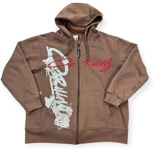 Y2K Ocean Pacific Hoodie Men's XL Brown Full Zip Spellout Graphic